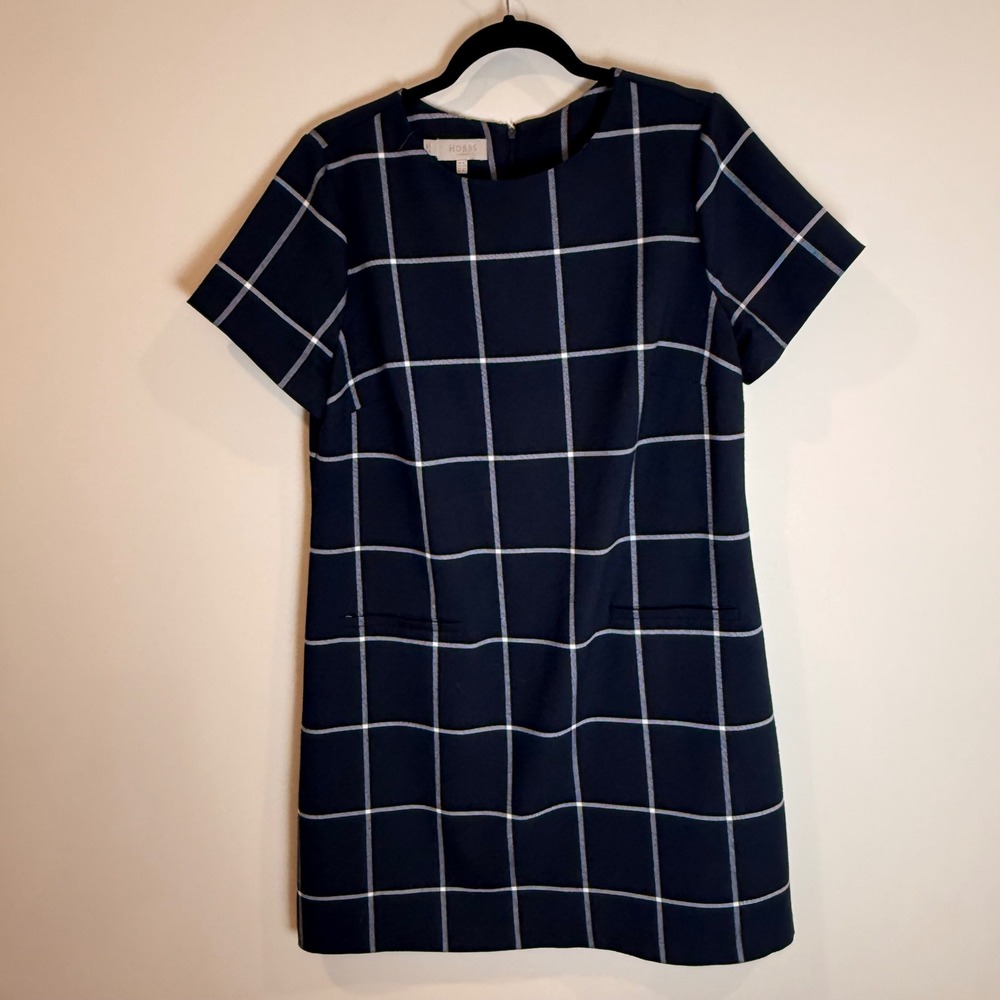 Hobbs London Navy White Grid Check Short Sleeve Shift Dress‎ UK 16 US 12